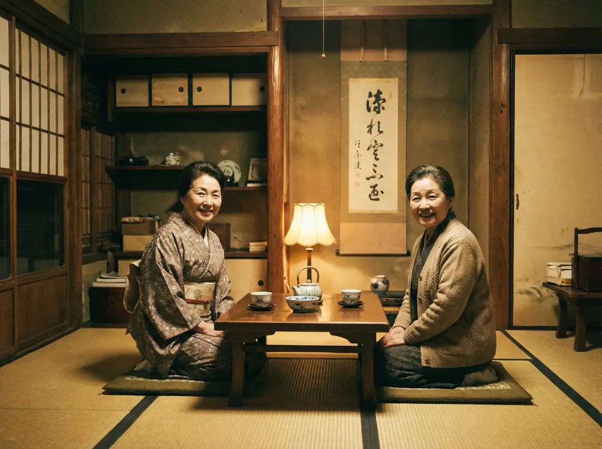 两位优雅的 神秘入口 在日式茶室中品茶交谈